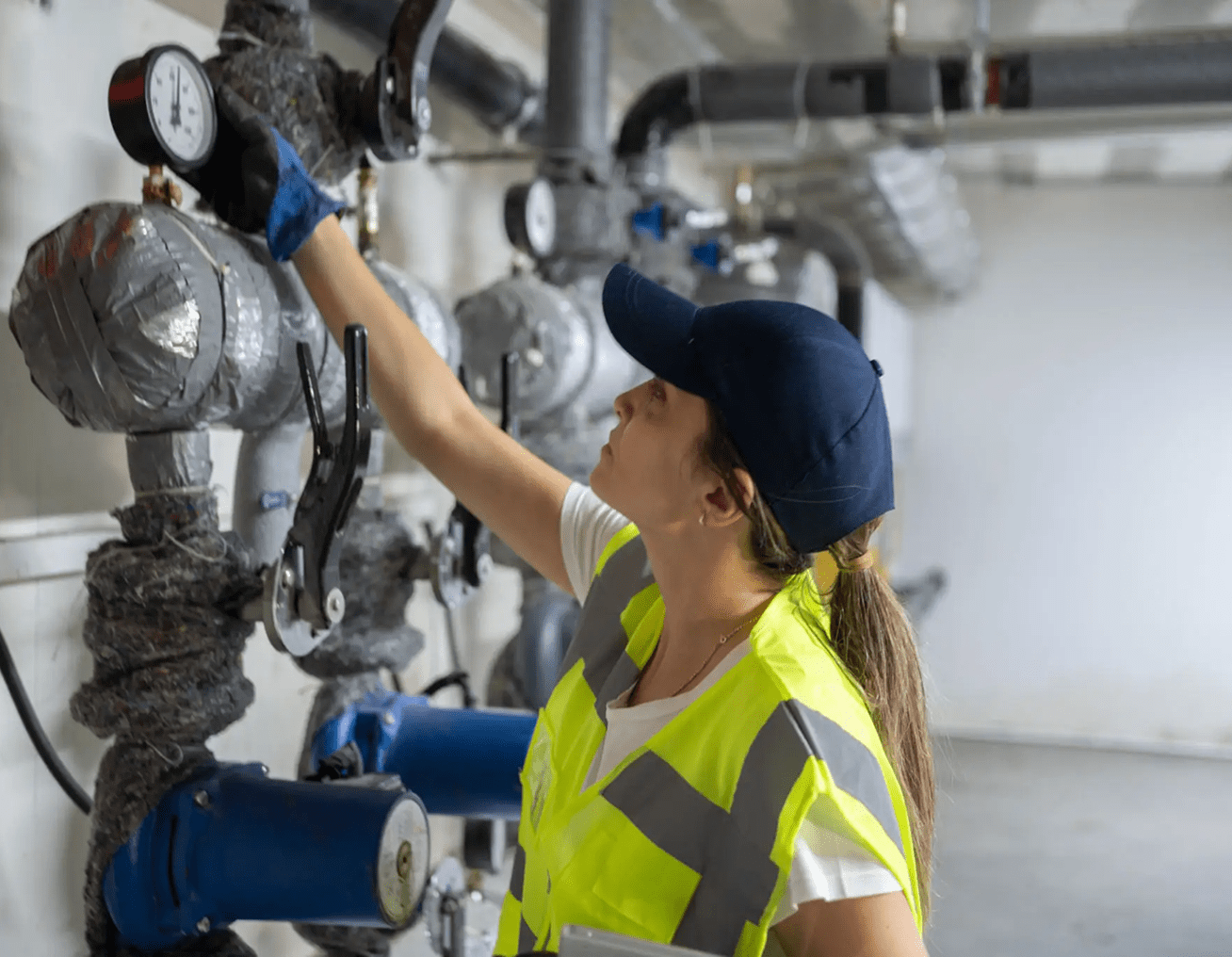 Worker checking industrial pipes and gauges