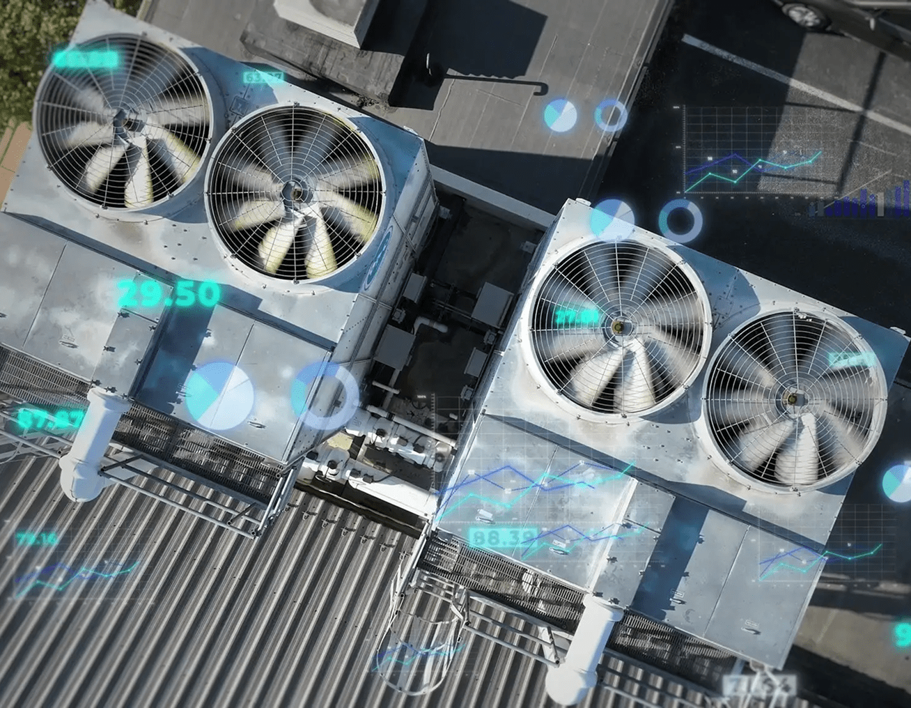 Cooling units on rooftop with data overlay