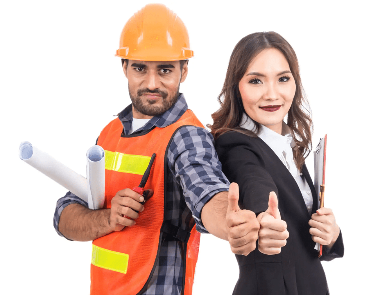 Construction worker and businesswoman giving thumbs up.